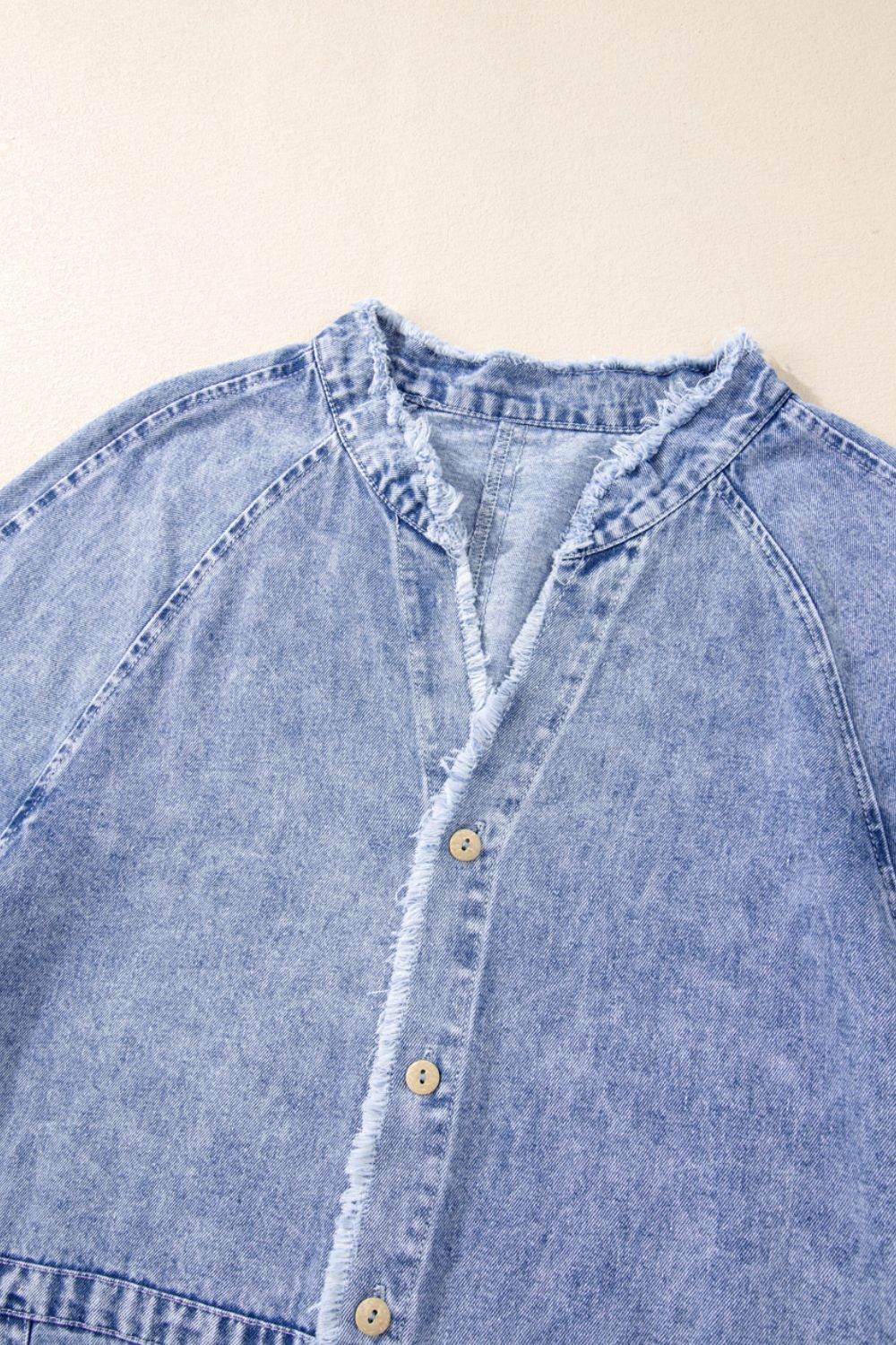 Raw Hem Button Down Long Sleeve Denim Dress - Delanoir