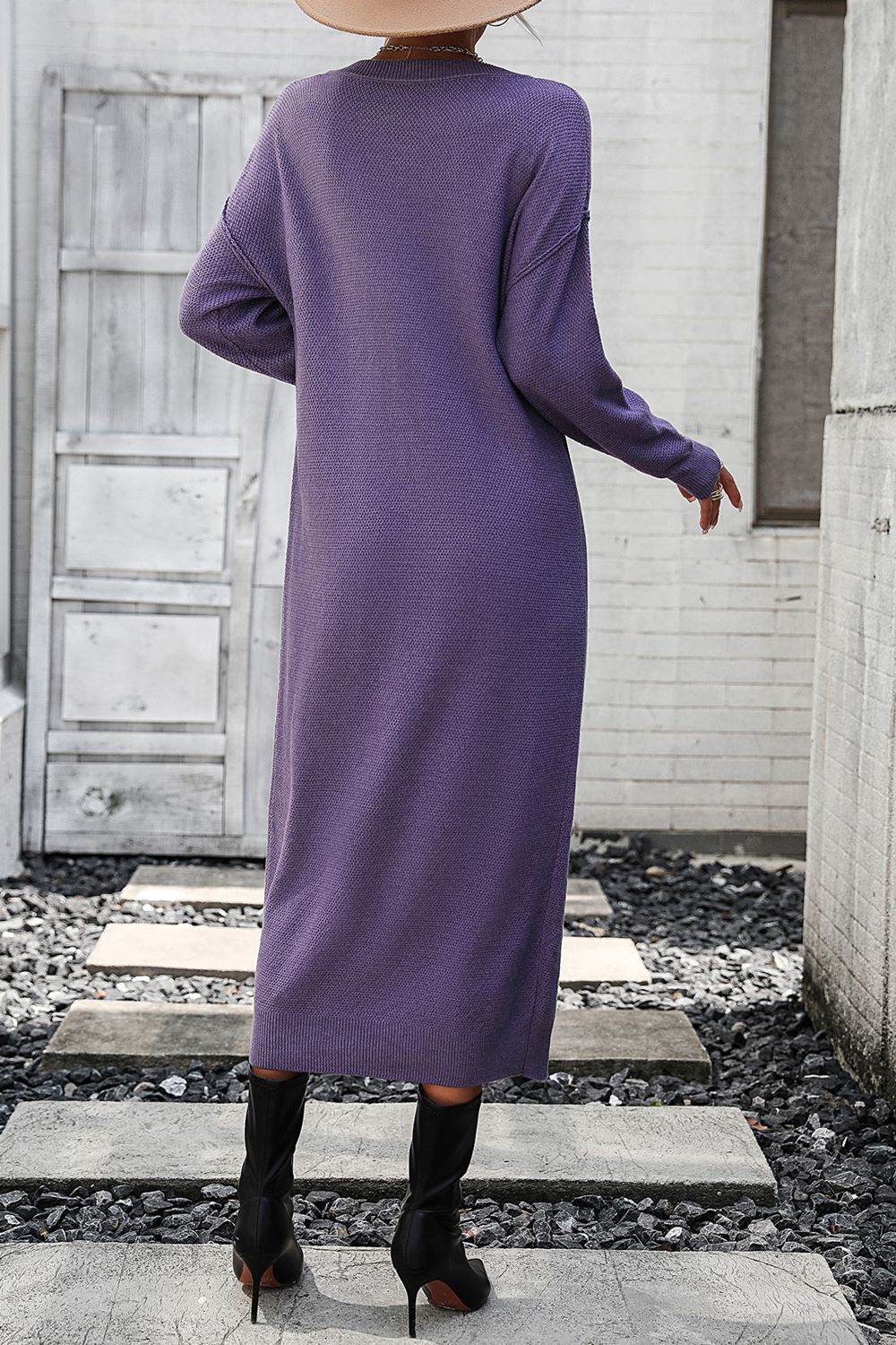 Decorative Button Notched Dropped Shoulder Sweater Dress - Delanoir