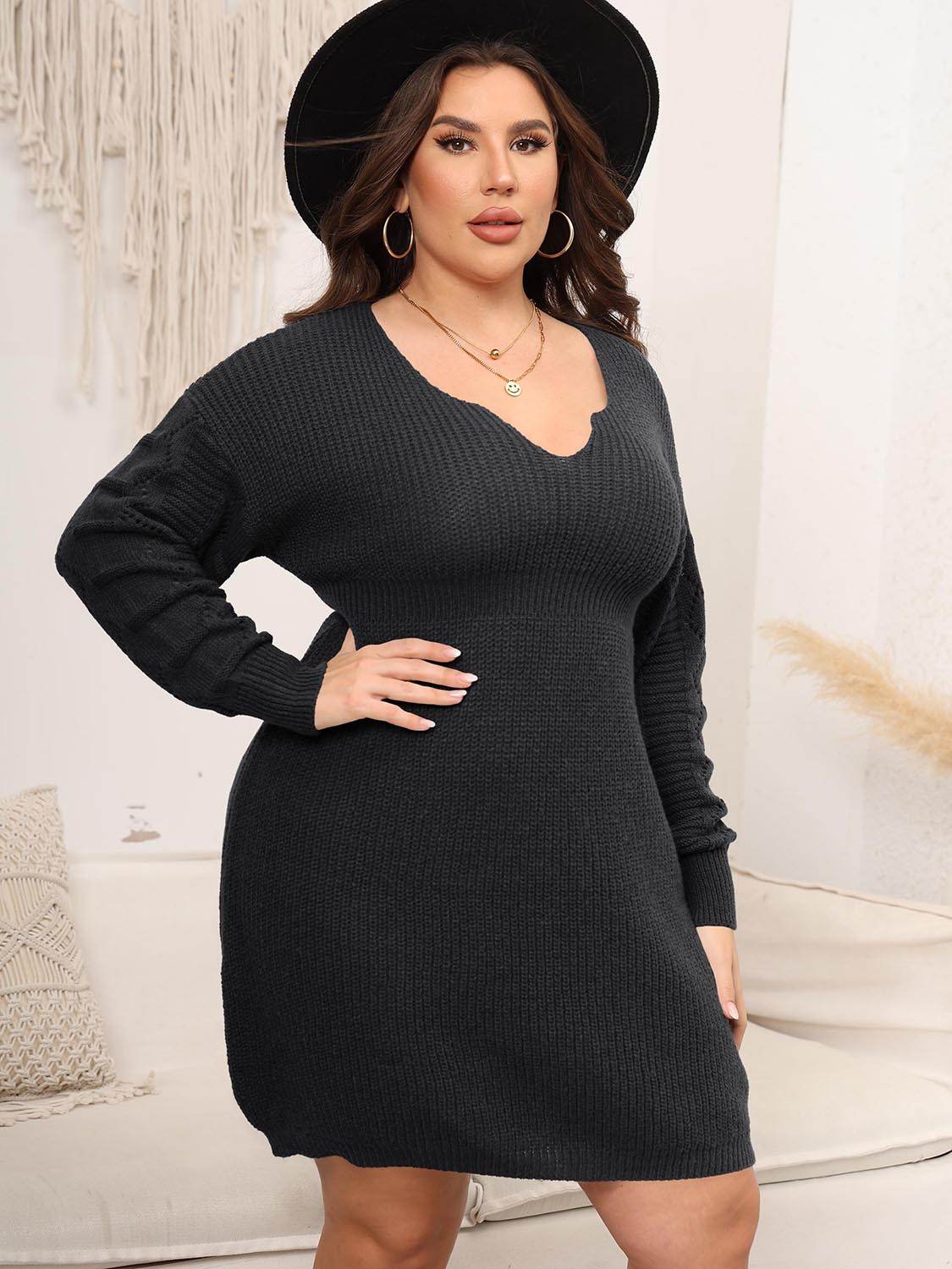 Plus Size Dropped Shoulder Long Sleeve Knit Mini Dress - Delanoir