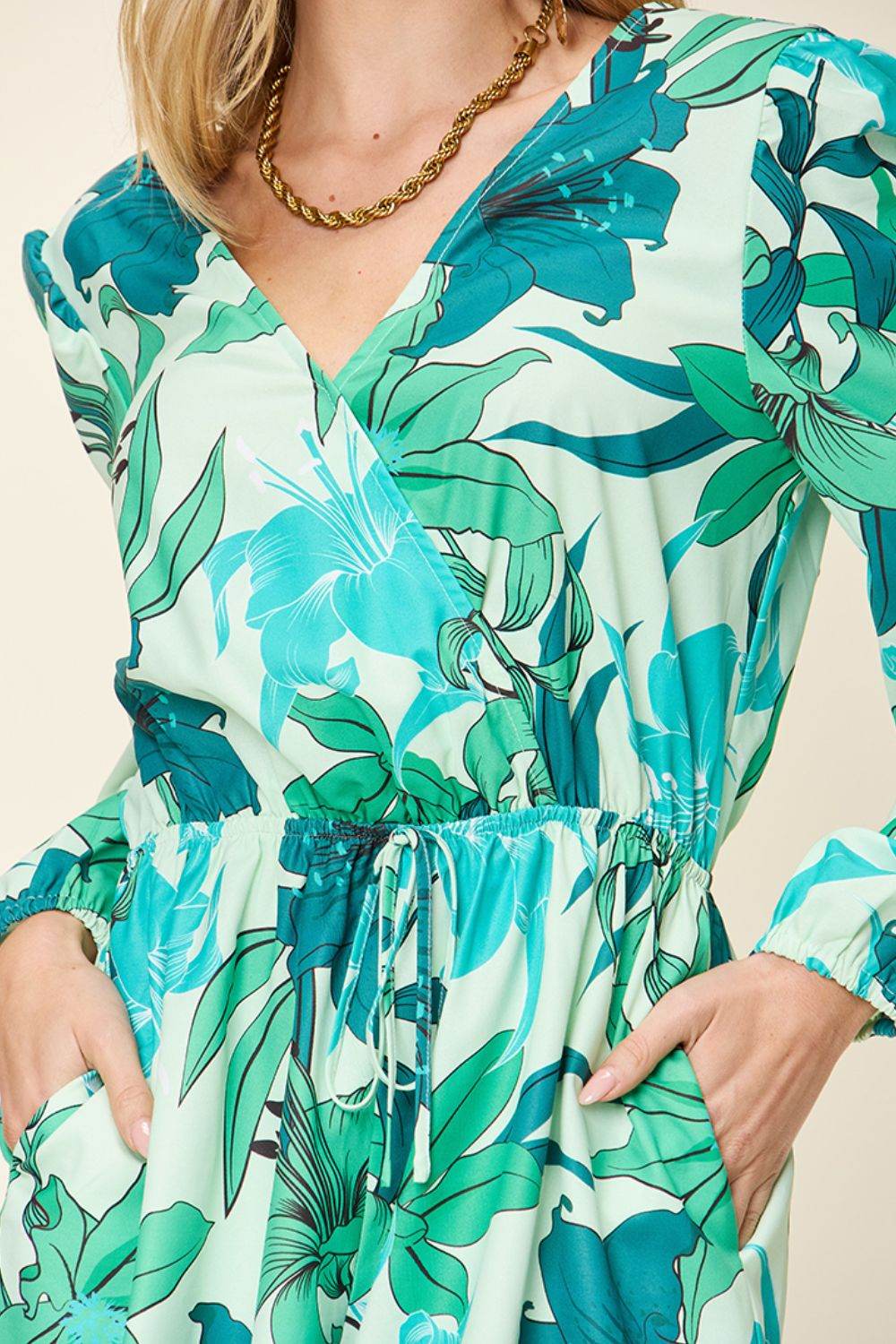 Double Take Full Size Floral Long Sleeve Romper with Pockets - Delanoir