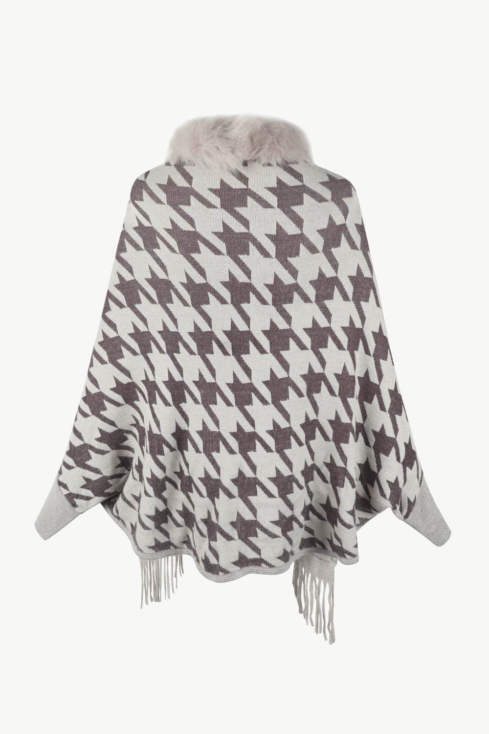 Houndstooth Fringe Hem Poncho - Delanoir