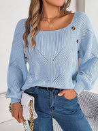 Openwork Buttoned Square Neck Sweater - Delanoir