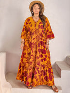 Plus Size Lace Detail Printed V-Neck Maxi Dress - Delanoir