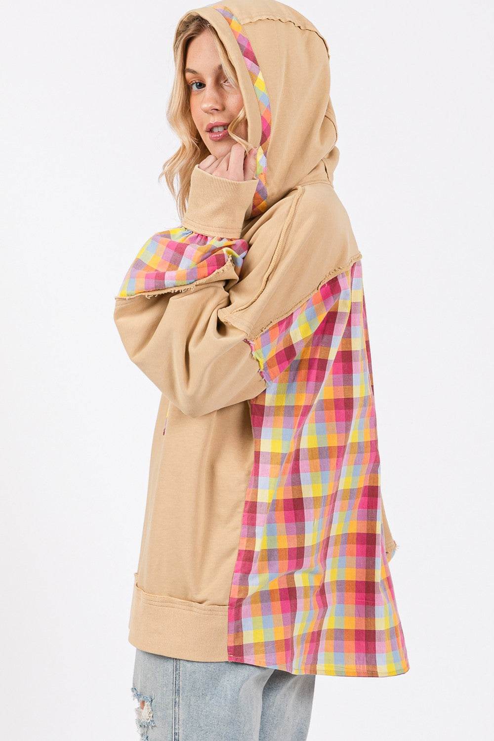 SAGE + FIG Full Size Plaid Print Washed Hoodie - Delanoir