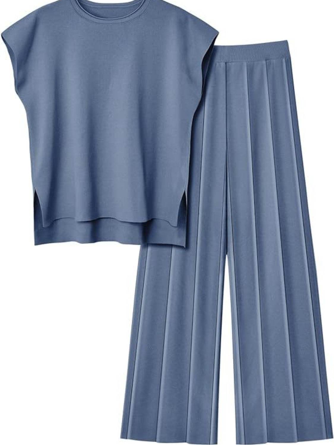 Round Neck Cap Sleeve Top and Pants Knit Set - Delanoir