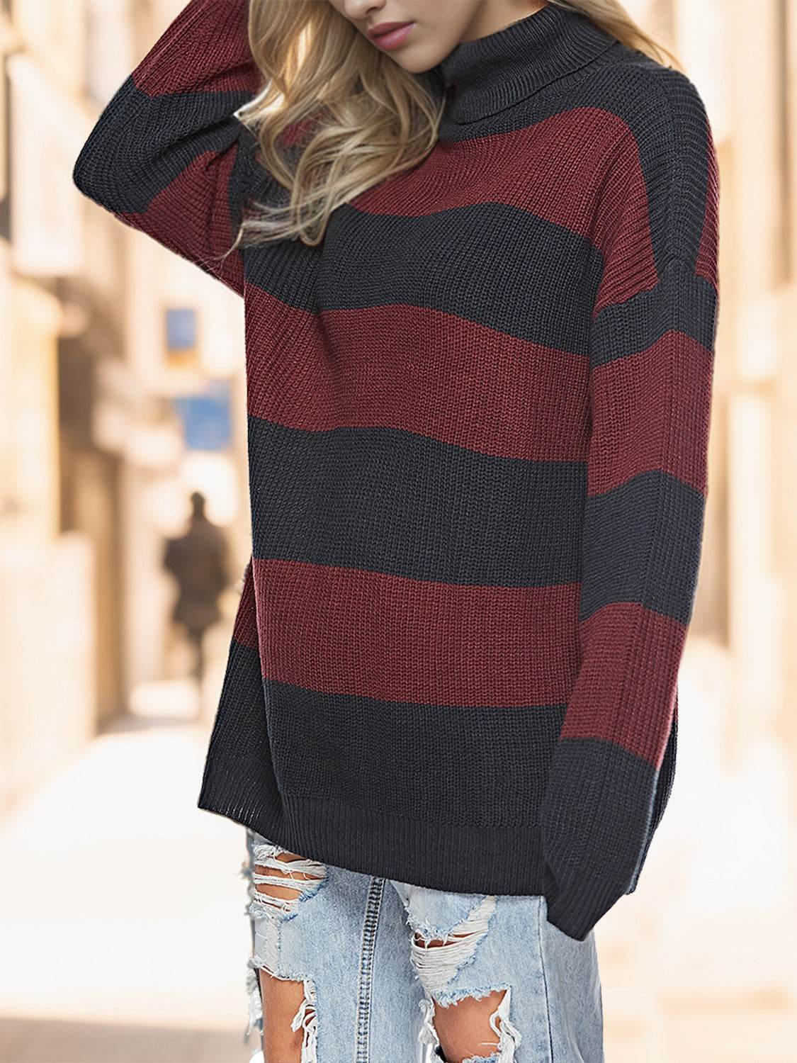 Striped Turtleneck Long Sleeve Sweater - Delanoir