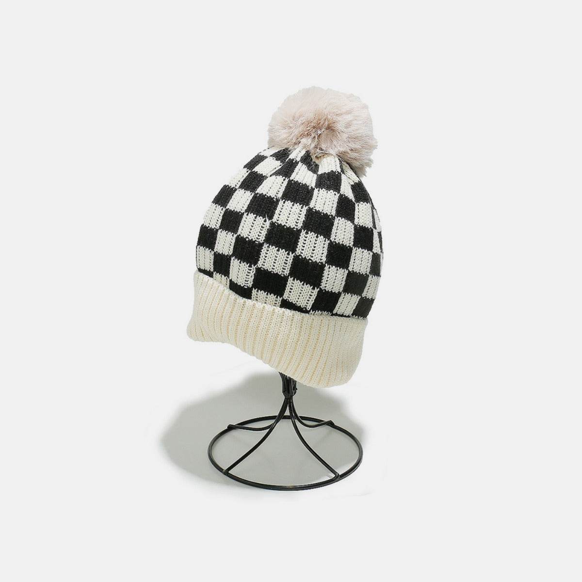 Checkered Knit Hat with Pompom - Delanoir