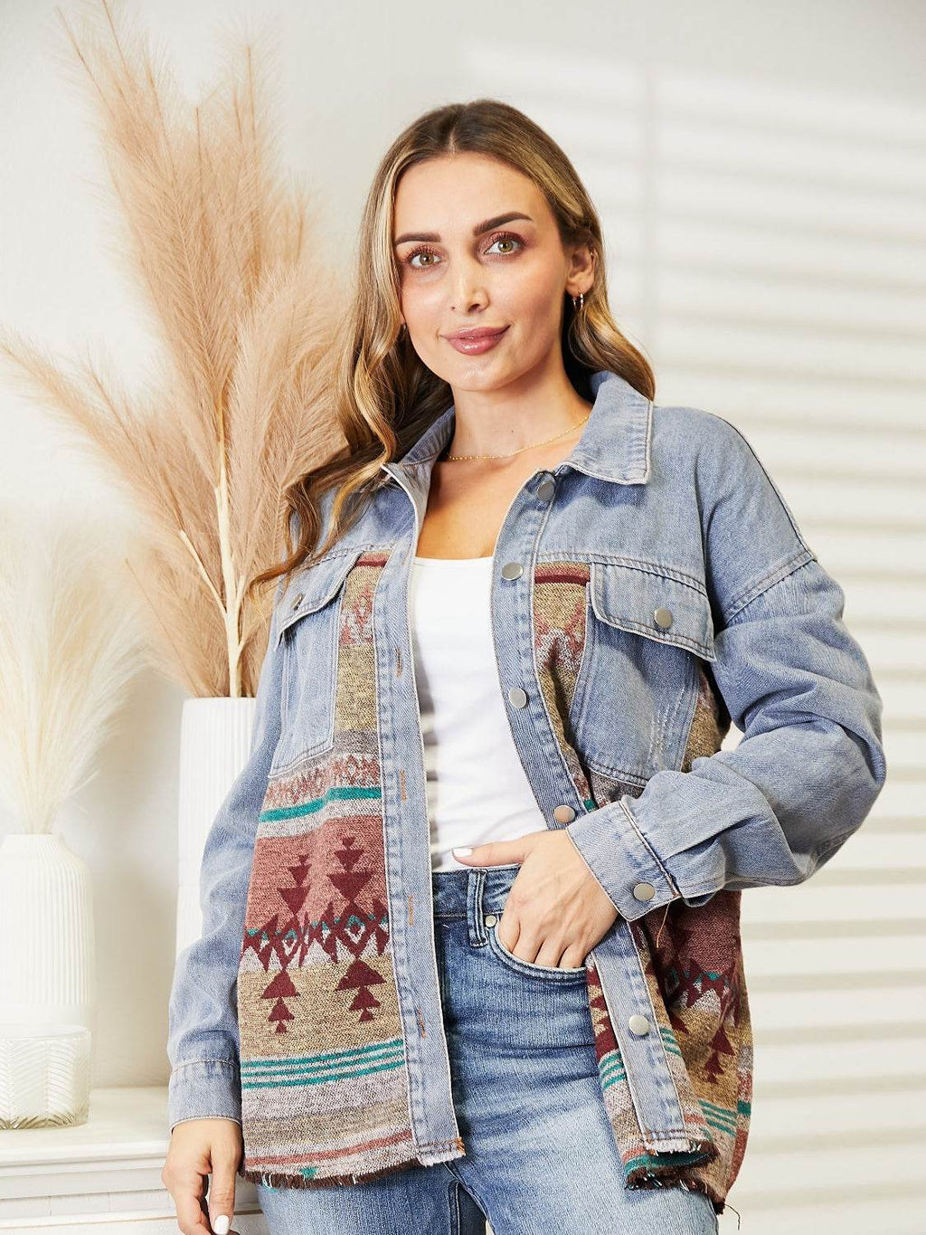 Collared Neck Dropped Shoulder Denim Jacket - Delanoir