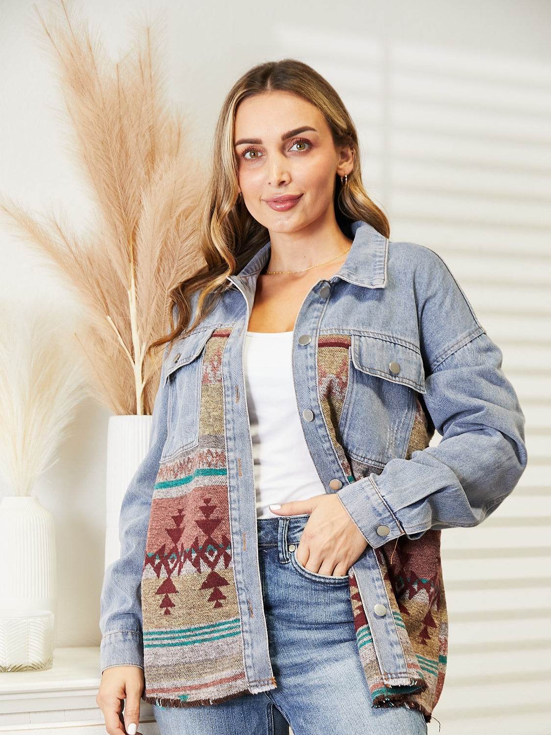 Collared Neck Dropped Shoulder Denim Jacket - Delanoir