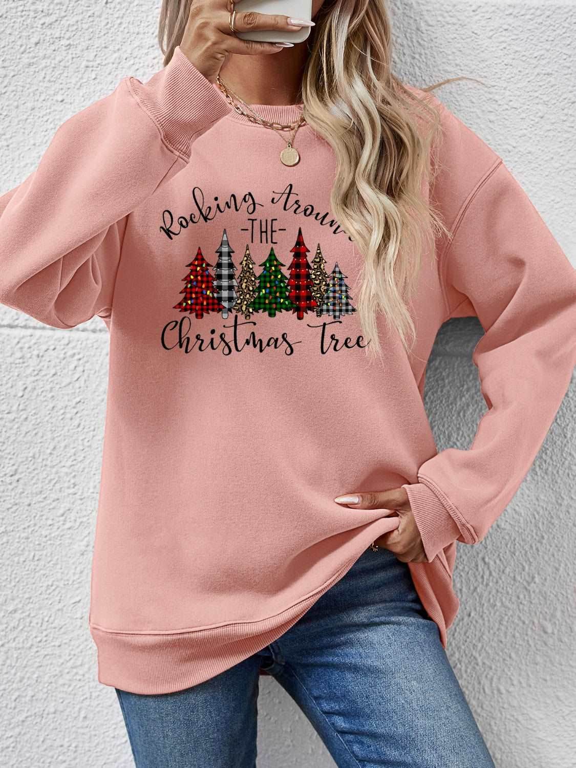 Christmas Tree Graphic Round Neck Sweatshirt - Delanoir