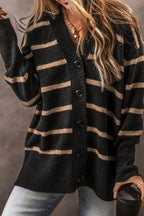 Striped Button Down Long Sleeve Cardigan - Delanoir