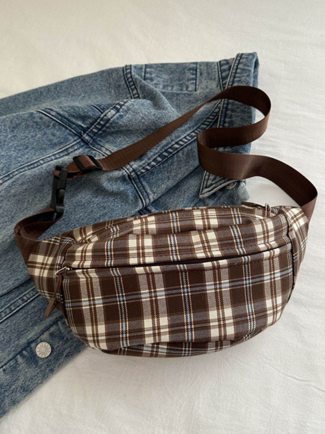 Plaid Adjustable Strap Crossbody Bag - Delanoir