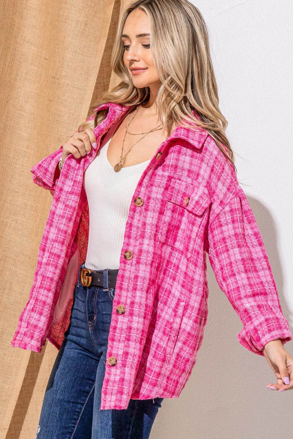And The Why Full Size Tweed Button Down Long Sleeve Shacket - Delanoir