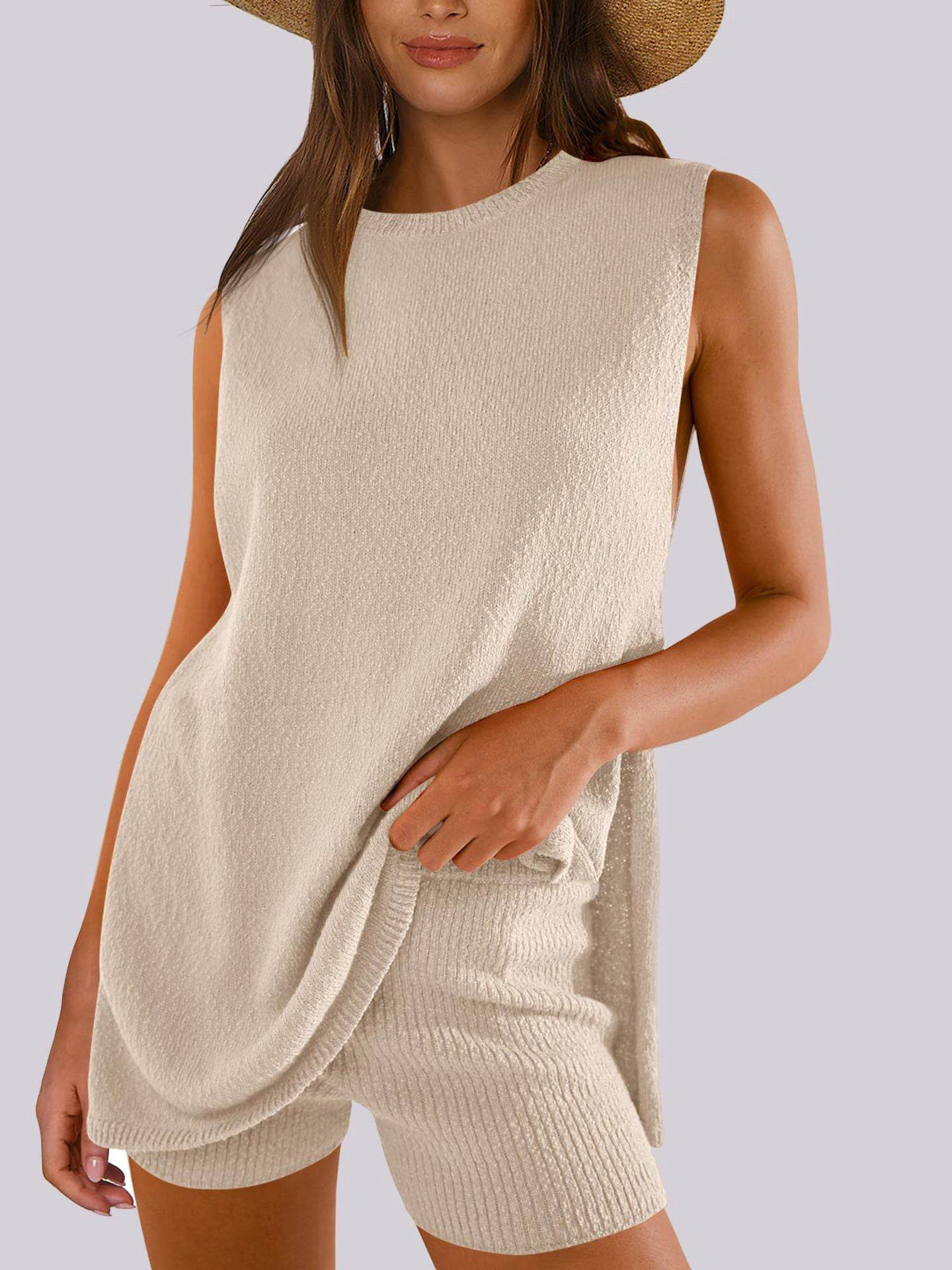 Mandy Side Slit Round Neck Tank and Shorts Sweater Set - Delanoir