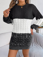 Cable-Knit Round Neck Color Block Sweater Dress - Delanoir