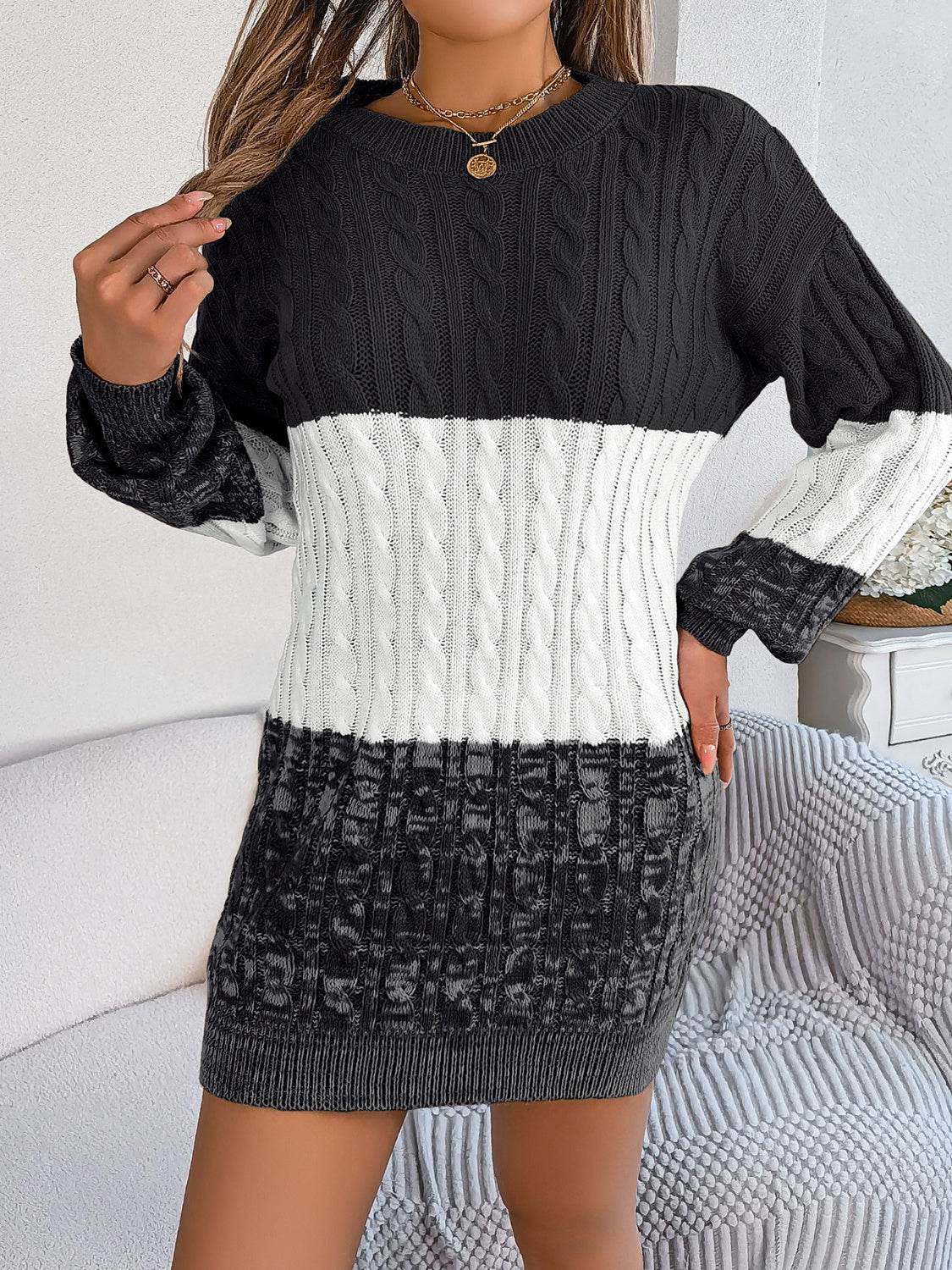 Cable-Knit Round Neck Color Block Sweater Dress - Delanoir
