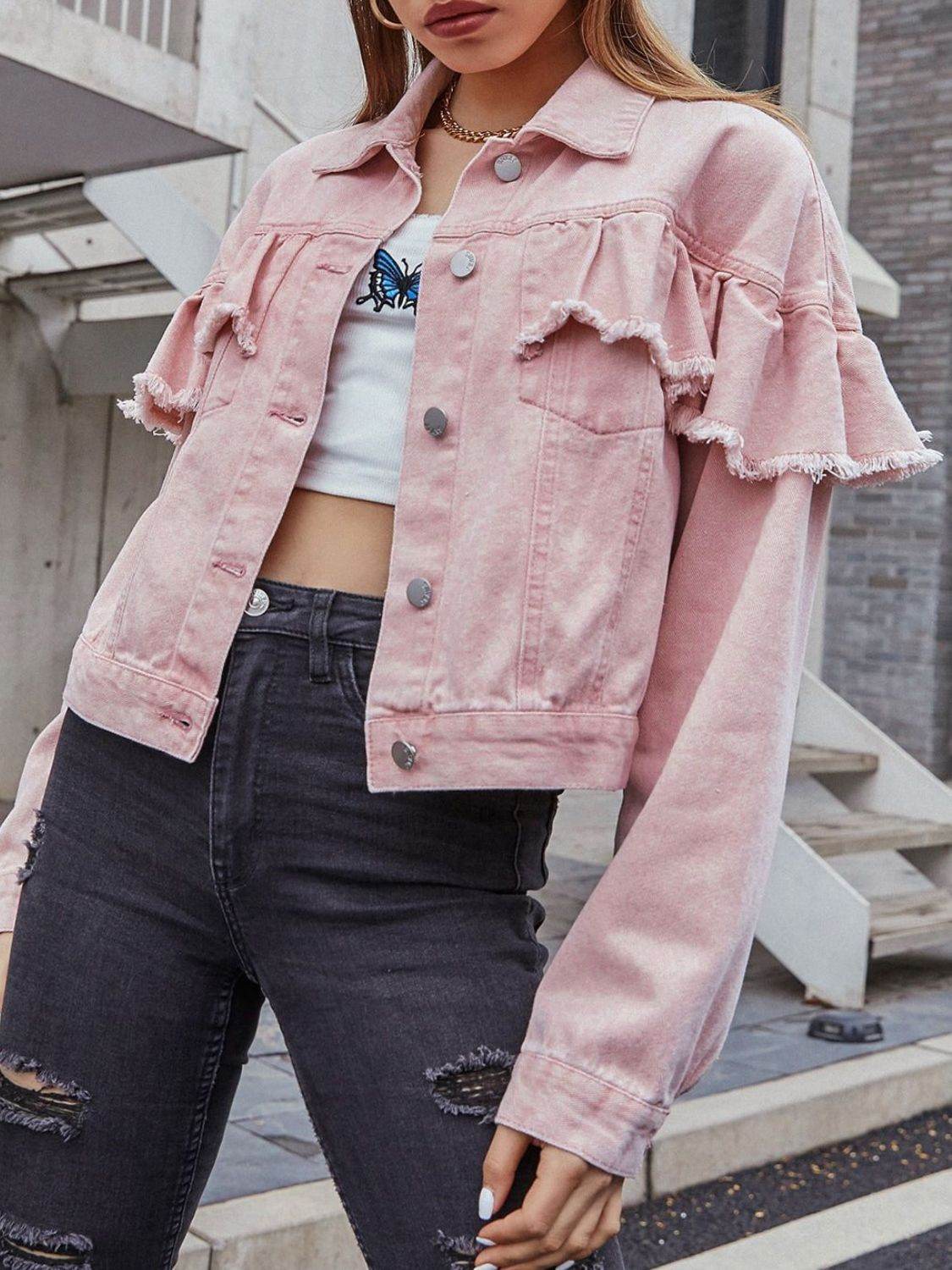 Ruffled Collared Neck Long Sleeve Denim Top - Delanoir
