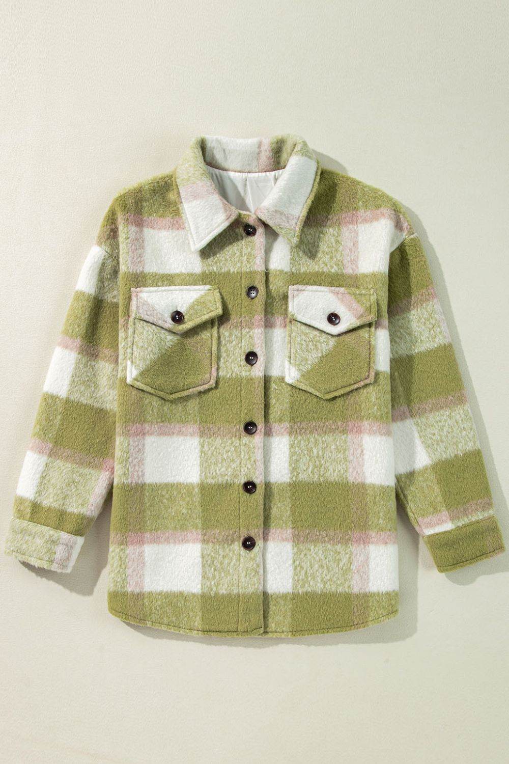 Pocketed Plaid Collared Neck Shacket - Delanoir
