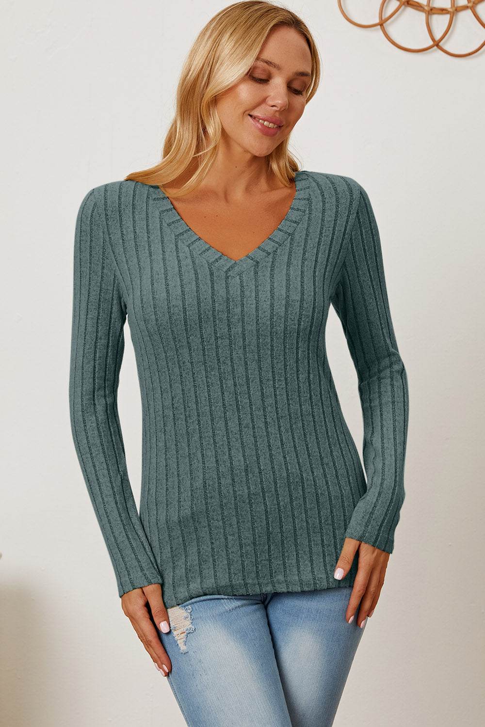 Basic Bae Full Size Ribbed V-Neck Long Sleeve T-Shirt - Delanoir