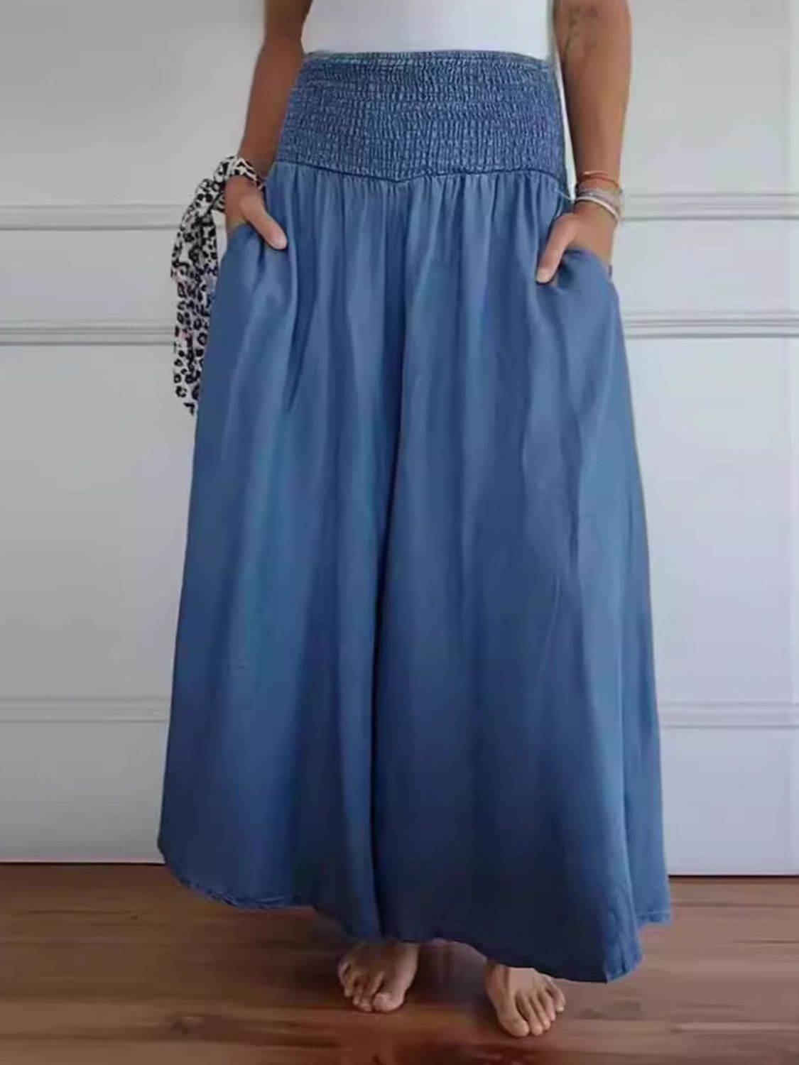 Full Size Smocked Wide Leg Pants with Pockets - Delanoir