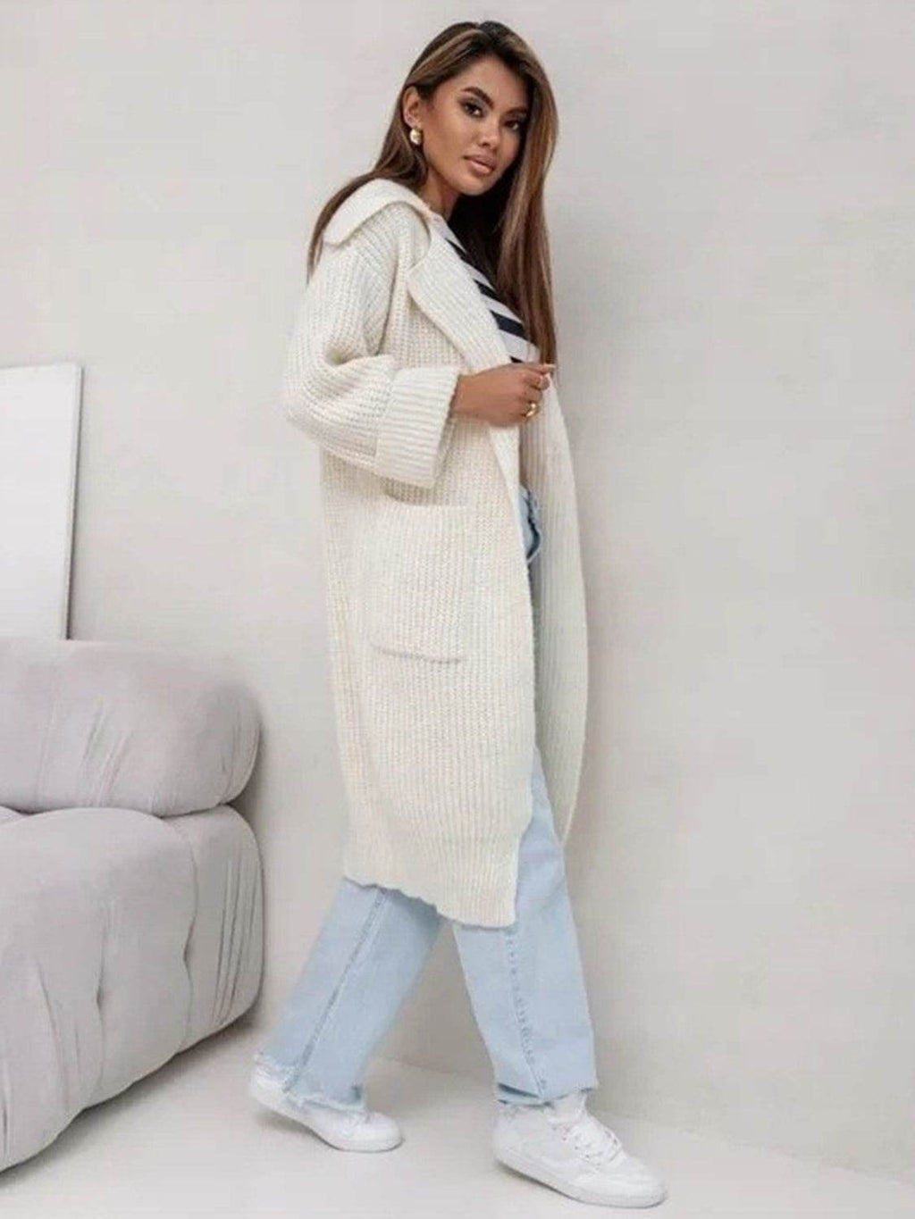 Pocketed Collared Neck Dropped Shoulder Cardigan - Delanoir