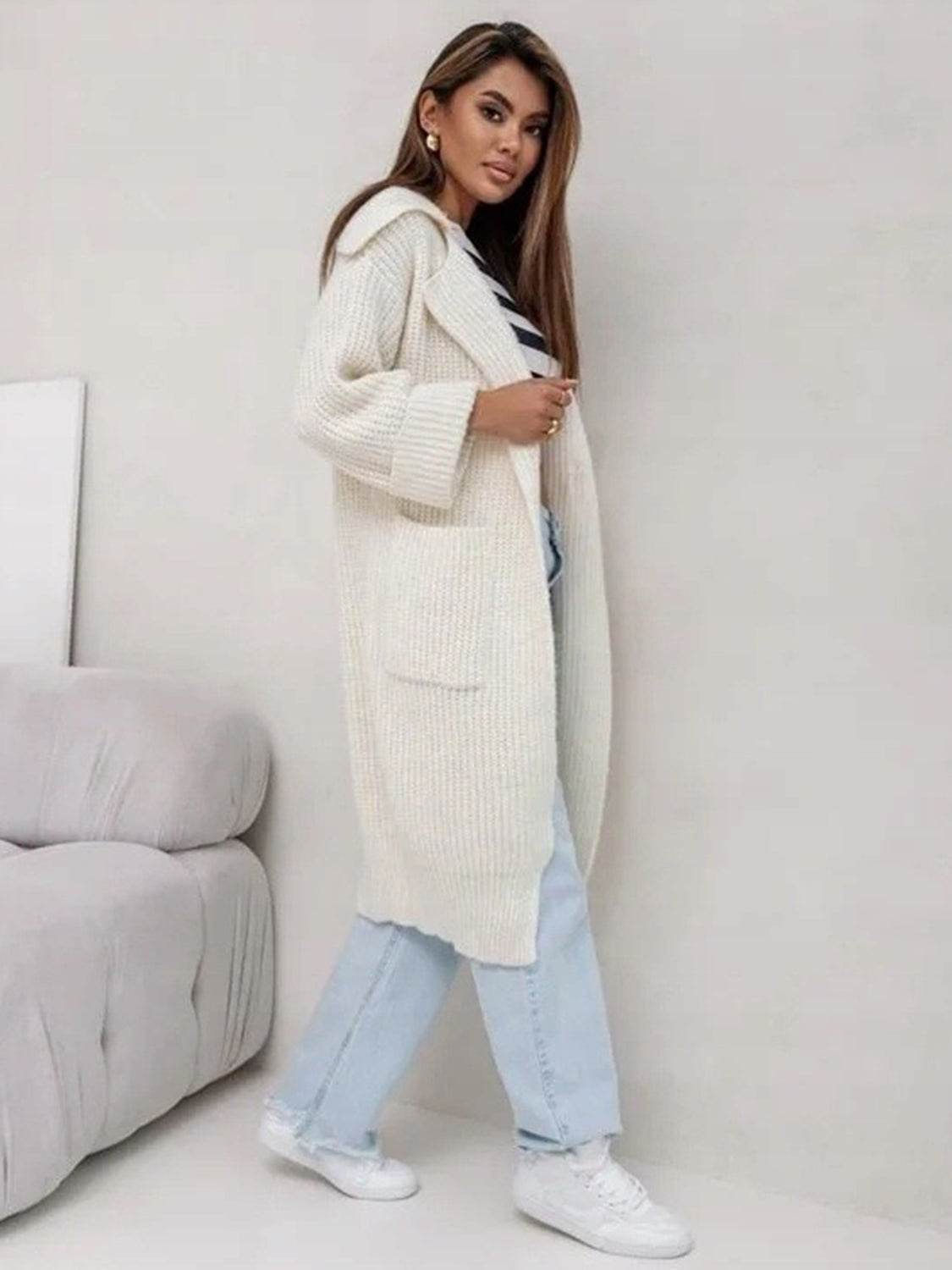 Pocketed Collared Neck Dropped Shoulder Cardigan - Delanoir