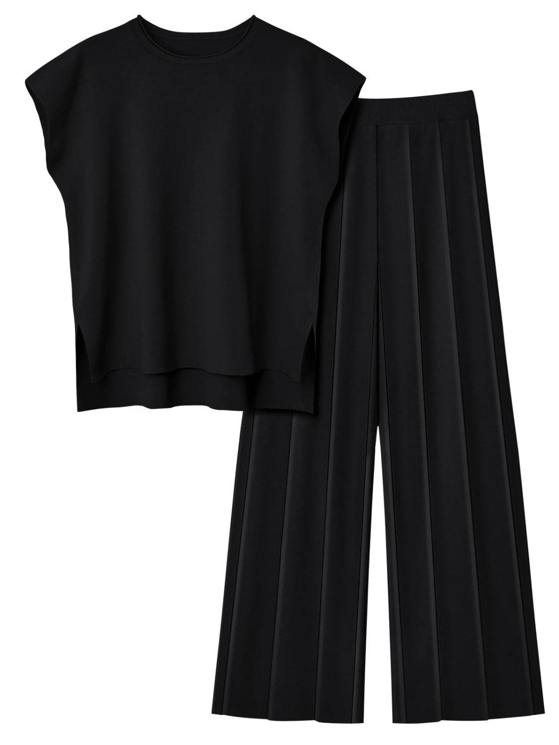Round Neck Cap Sleeve Top and Pants Knit Set - Delanoir