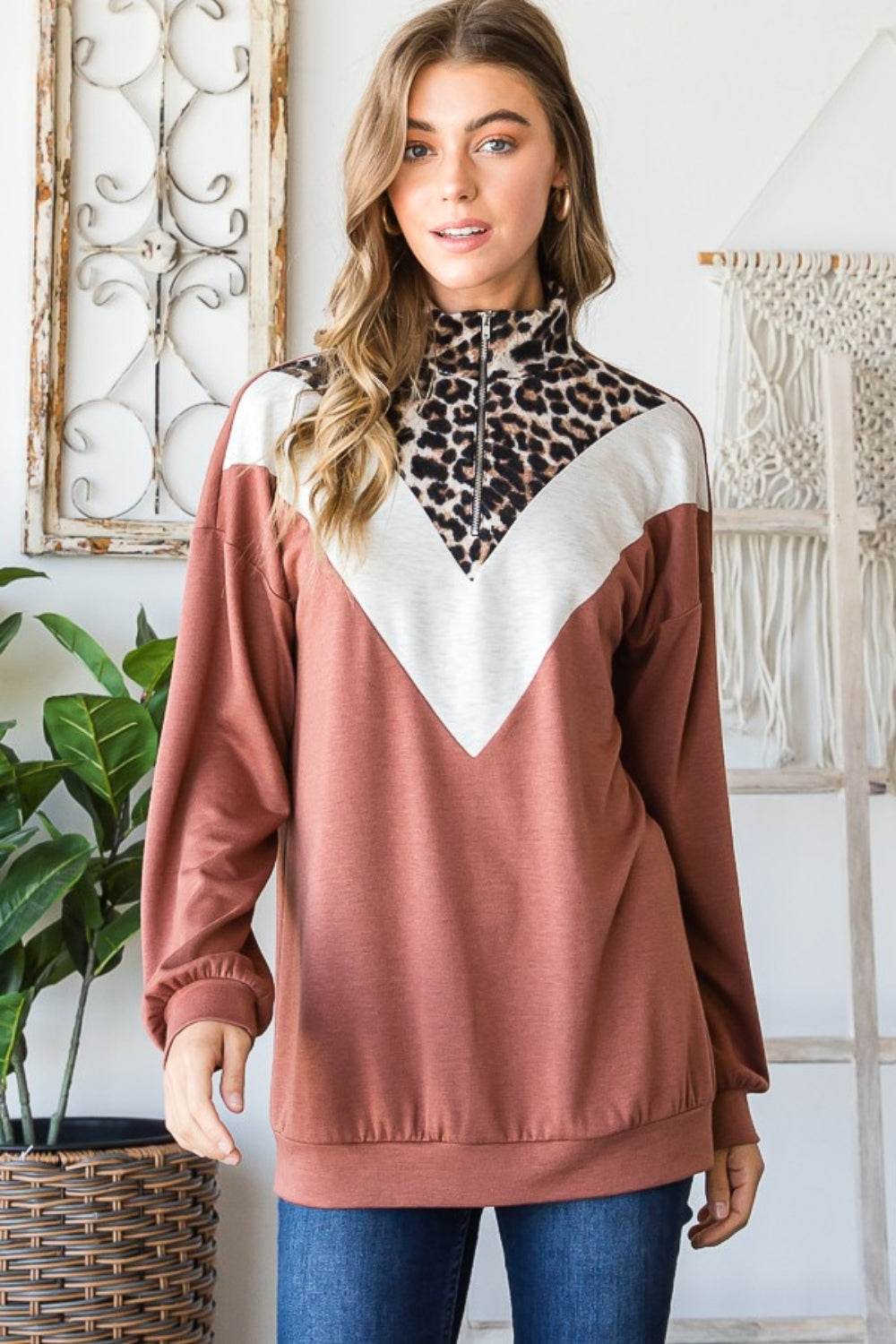 Heimish Full Size Leopard Quarter Zip Mock Neck Sweatshirt - Delanoir