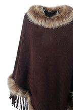 Faux Fur Trim Fringed Poncho - Delanoir