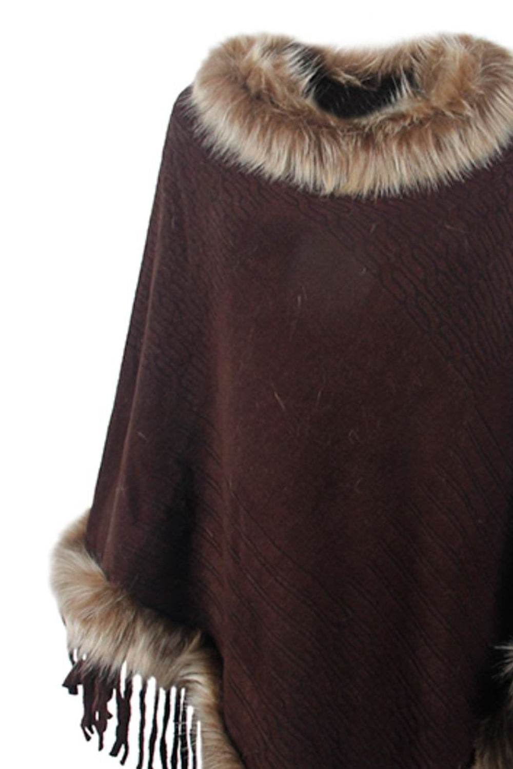 Faux Fur Trim Fringed Poncho - Delanoir