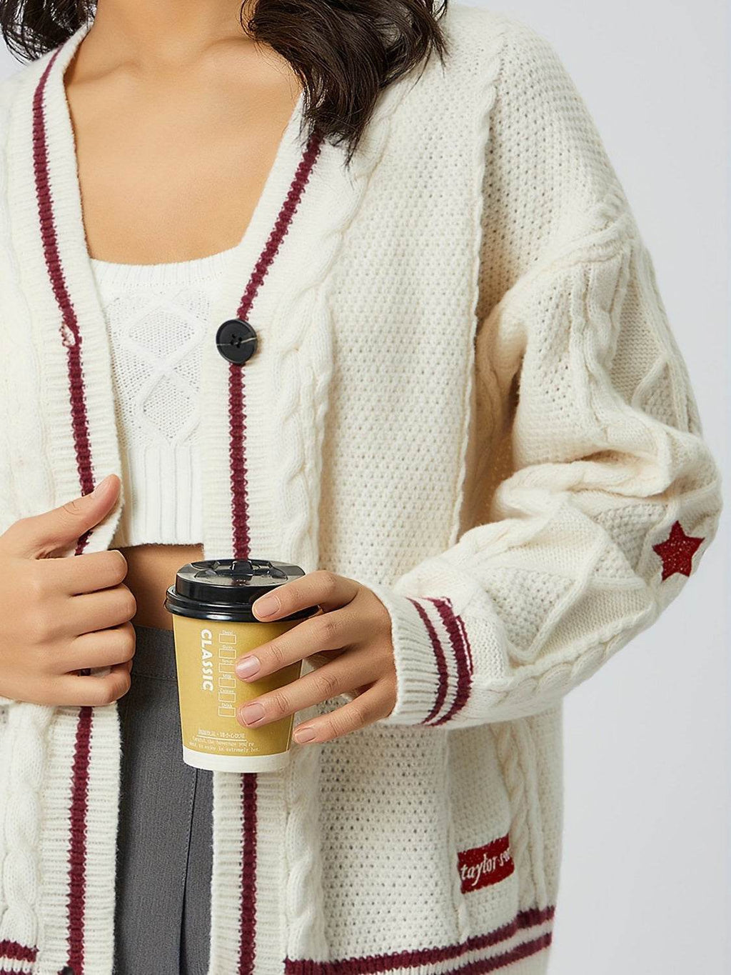 Star Embroidered V-Neck Long Sleeve Cardigan - Delanoir