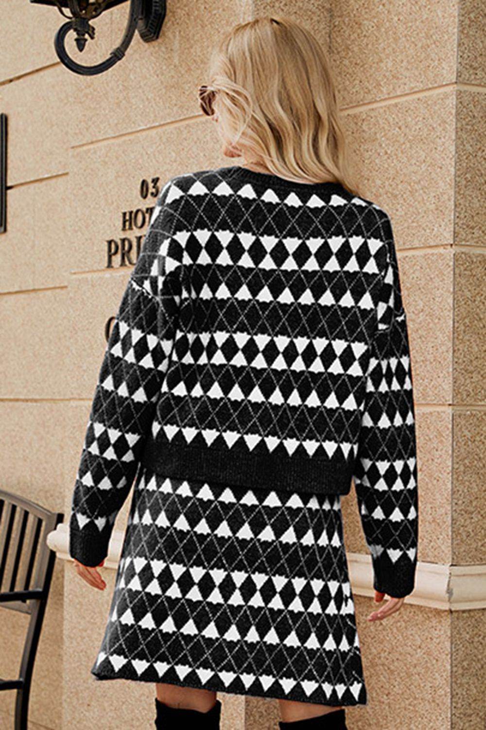 Geometric Dropped Shoulder Cardigan and Knit Skirt Set - Delanoir