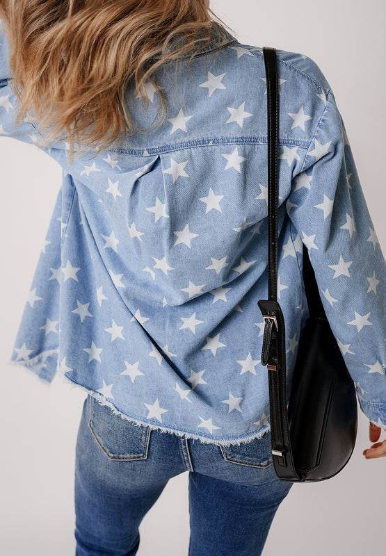 Raw Hem Star Collared Neck Denim Top - Delanoir