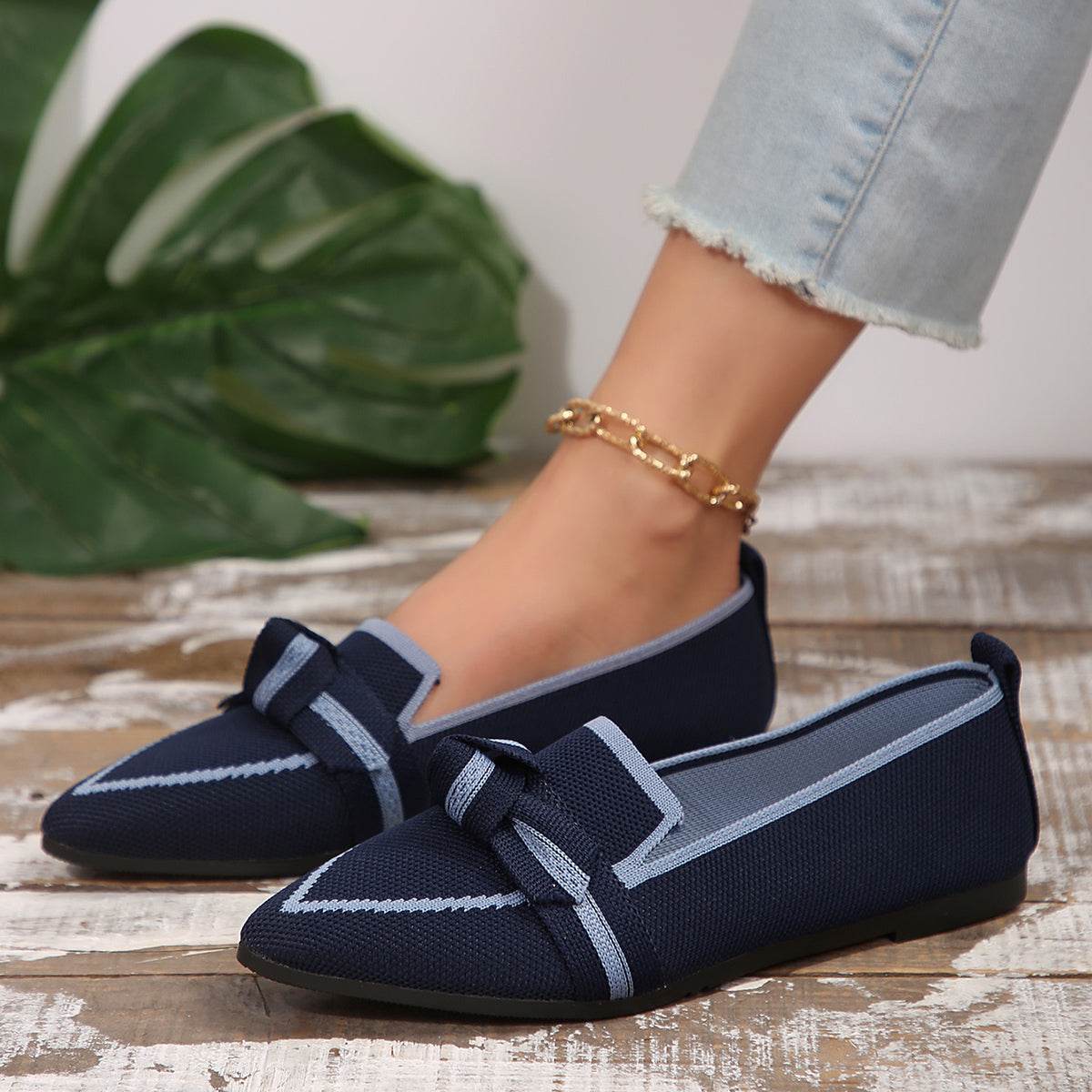 Bow Contrast Trim Point Toe Loafers - Delanoir