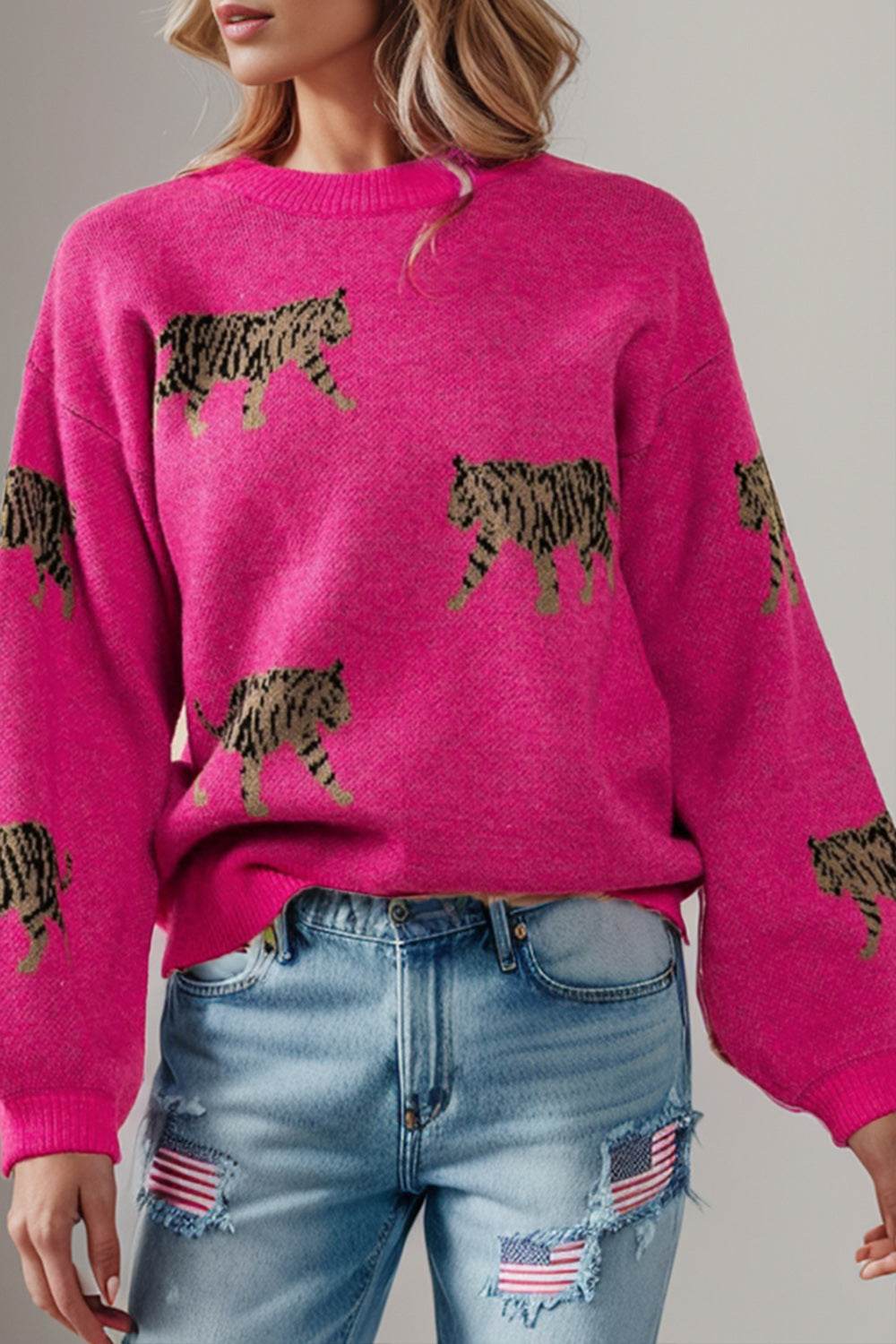 Tiger Pattern Round Neck Drop Shoulder Sweater - Delanoir