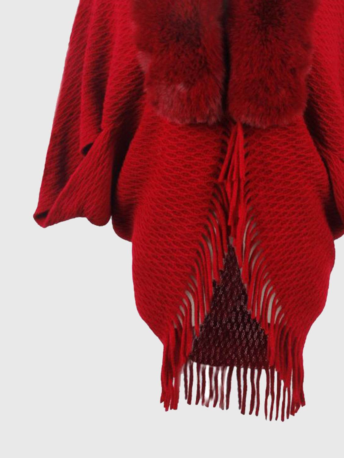 Open Front Fringe Hem Poncho - Delanoir