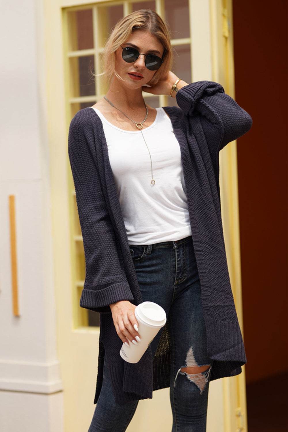 Open Front Long Sleeve Cardigan - Delanoir