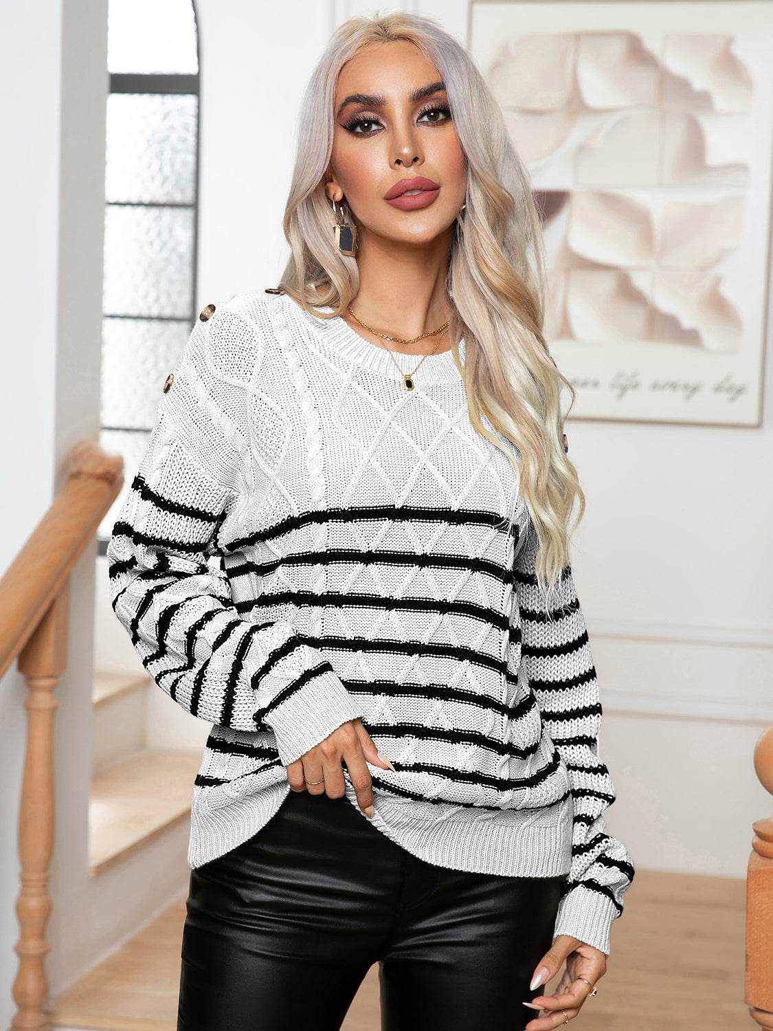 Striped Round Neck Cable-Knit Sweater - Delanoir