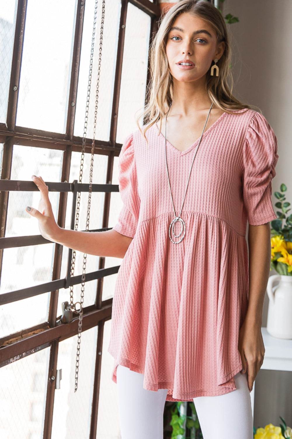 Heimish Full Size Waffle Knit V-Neck Babydoll Top - Delanoir