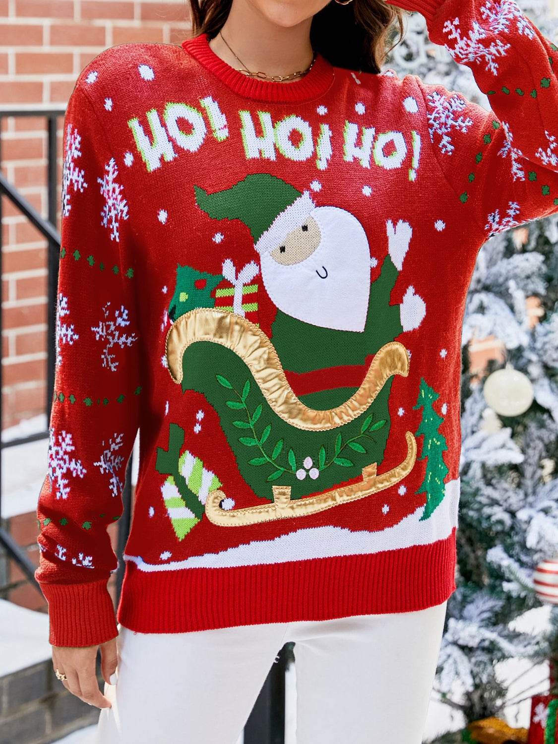 Santa Round Neck Long Sleeve Sweater - Delanoir