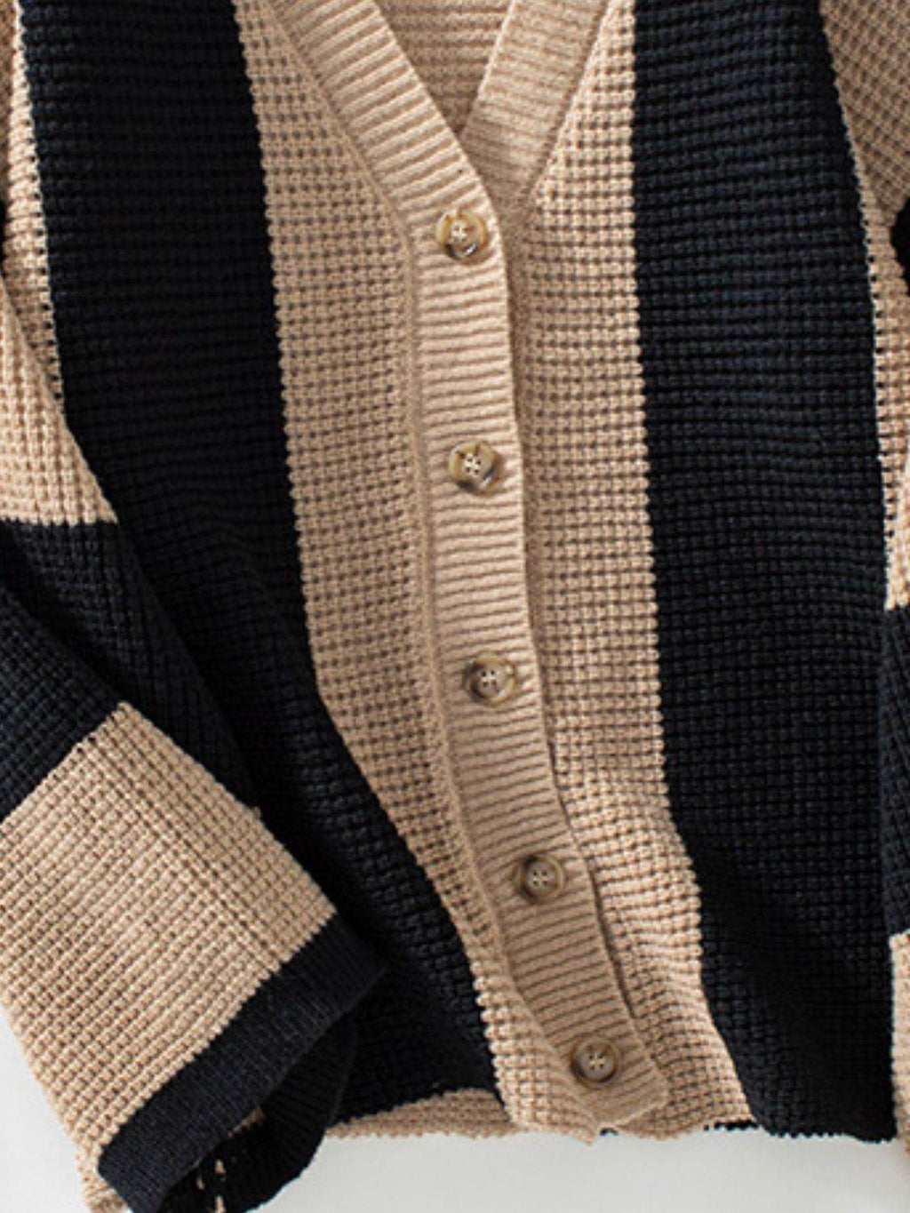 Waffle-Knit V-Neck Striped Long Sleeve Cardigan - Delanoir
