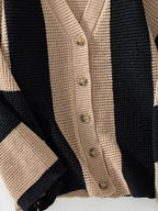 Waffle-Knit V-Neck Striped Long Sleeve Cardigan - Delanoir
