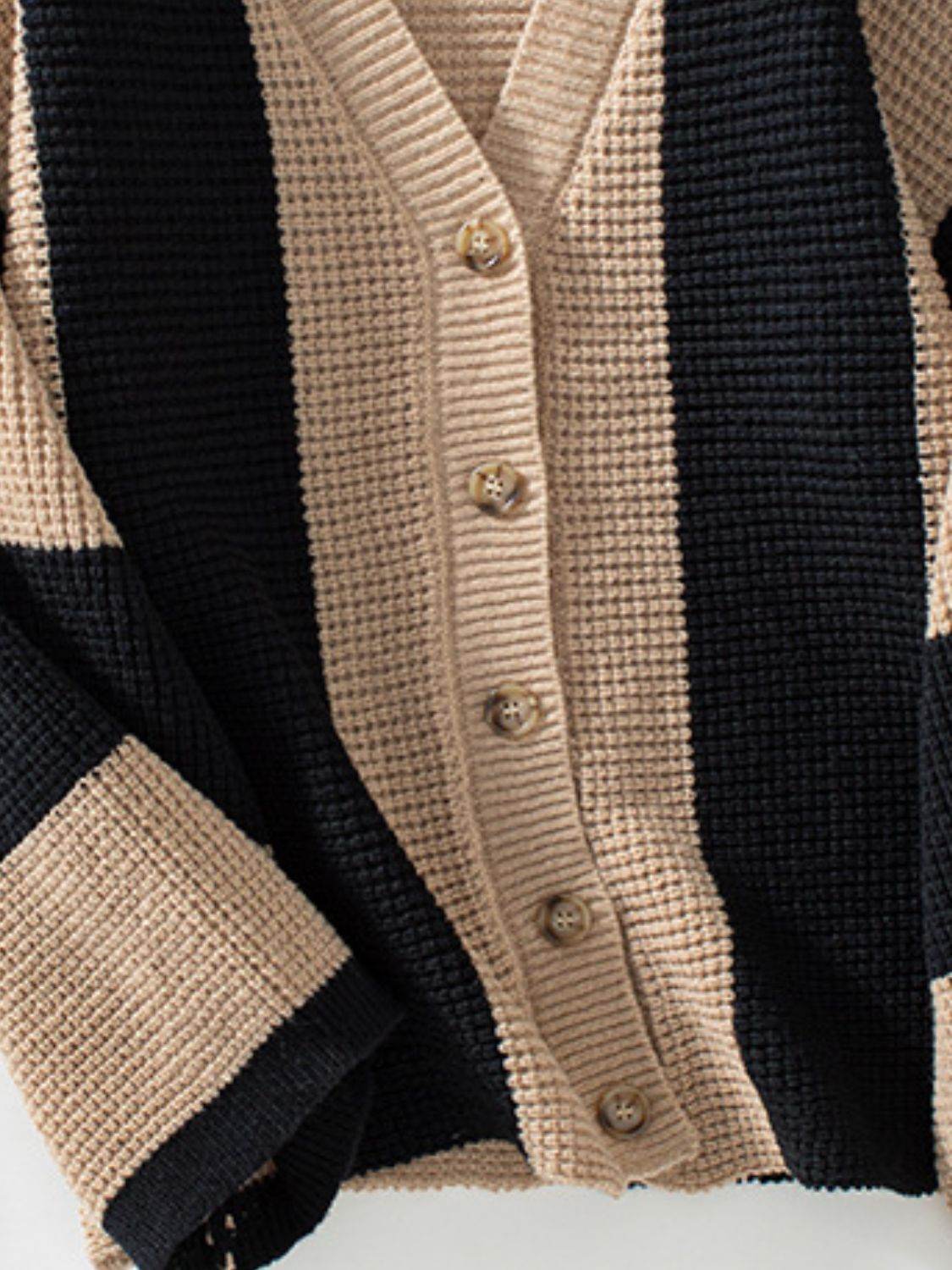 Waffle-Knit V-Neck Striped Long Sleeve Cardigan - Delanoir