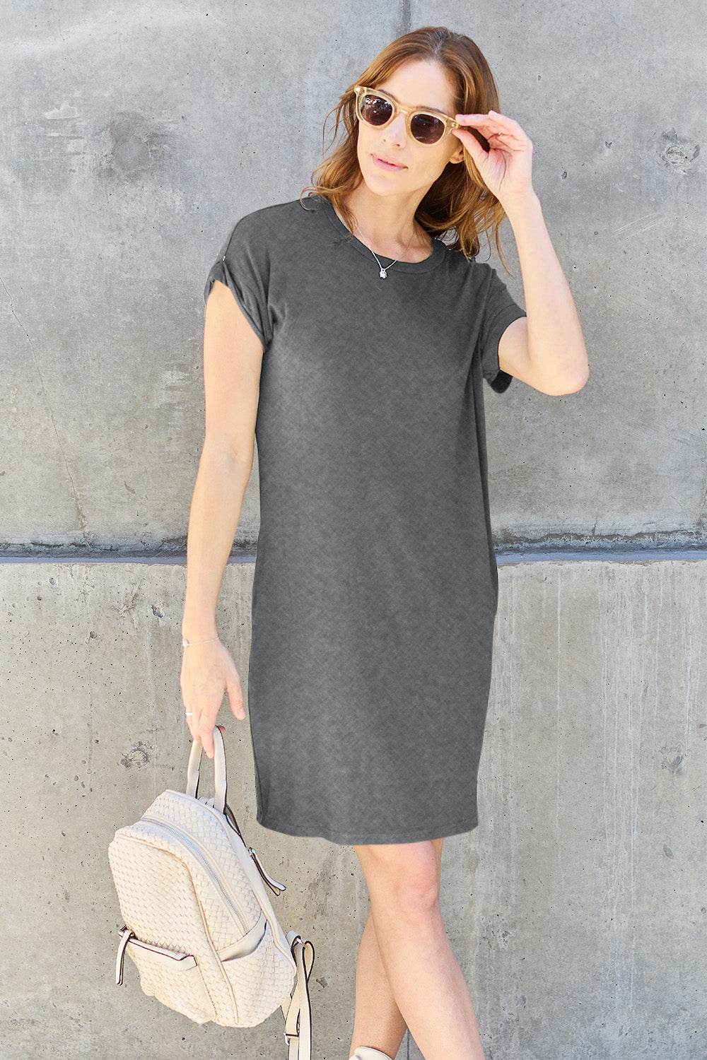 Basic Bae Full Size Round Neck Short Sleeve Dress with Pockets - Delanoir