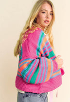 Contrast Striped Open Front Long Sleeve Cardigan - Delanoir