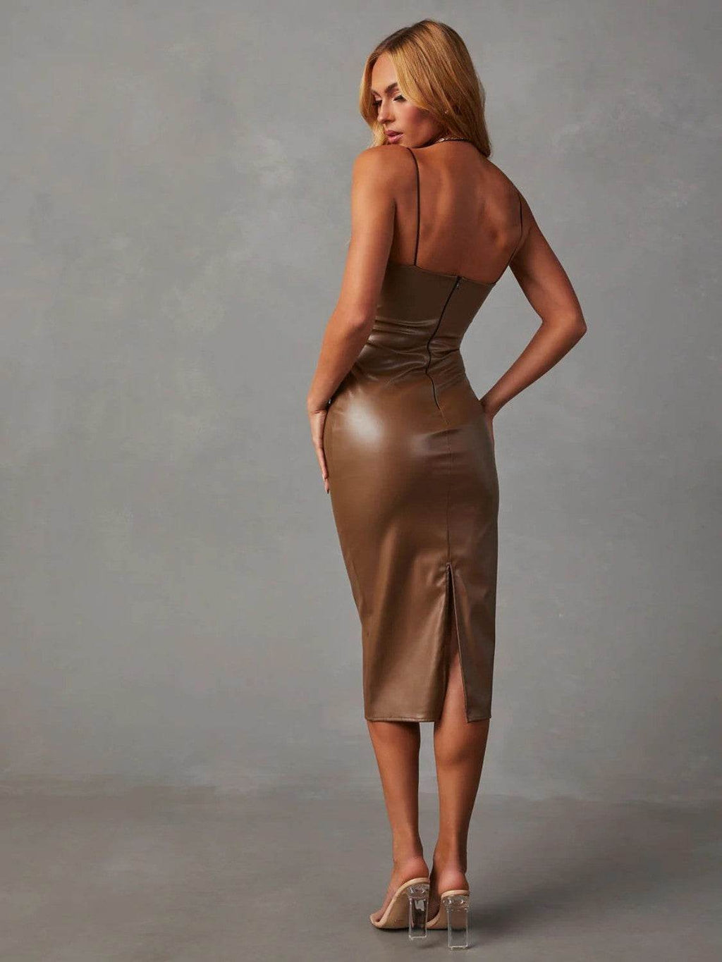PU Slit Midi Dress - Delanoir