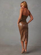 PU Slit Midi Dress - Delanoir
