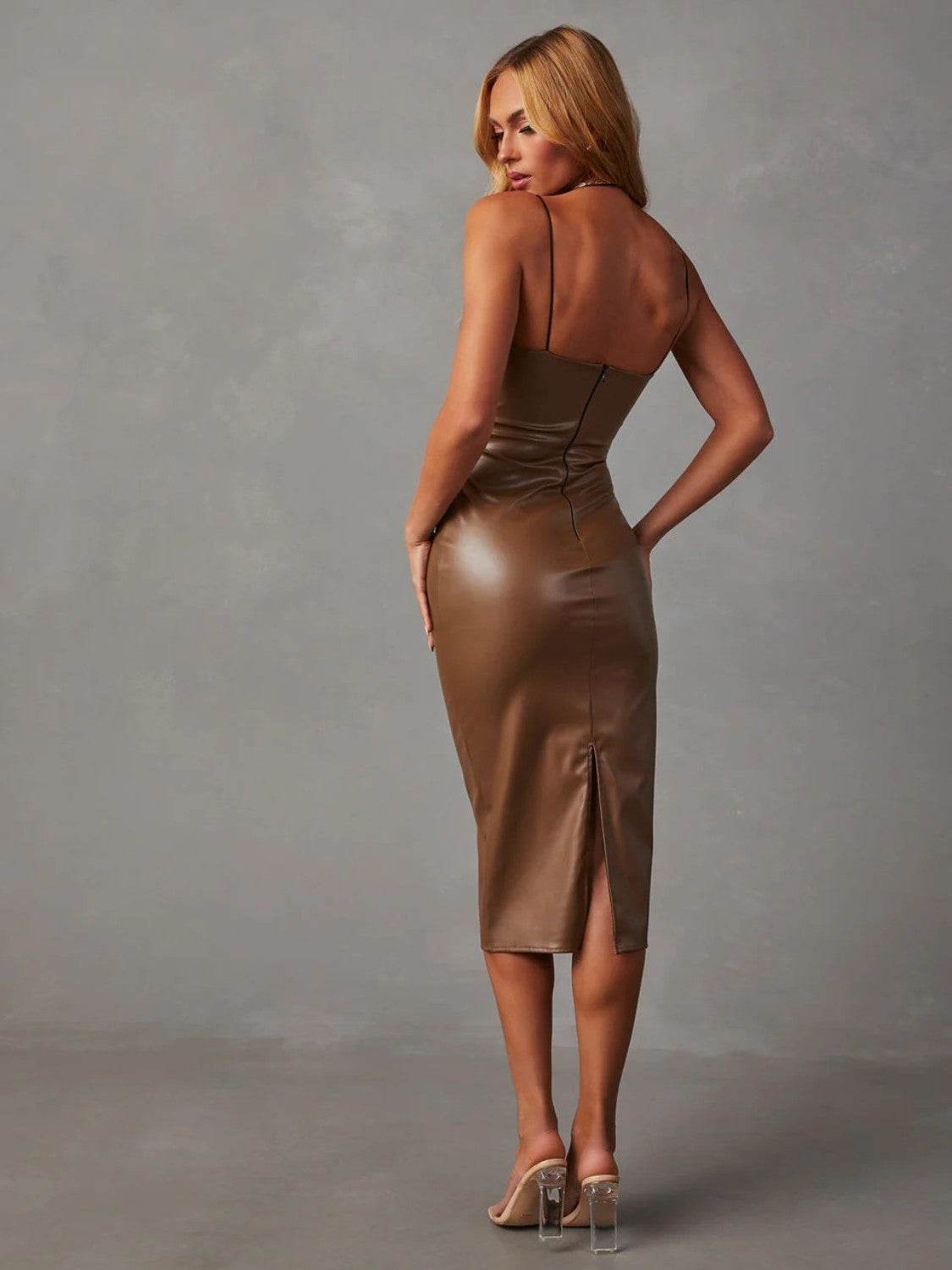 PU Slit Midi Dress - Delanoir