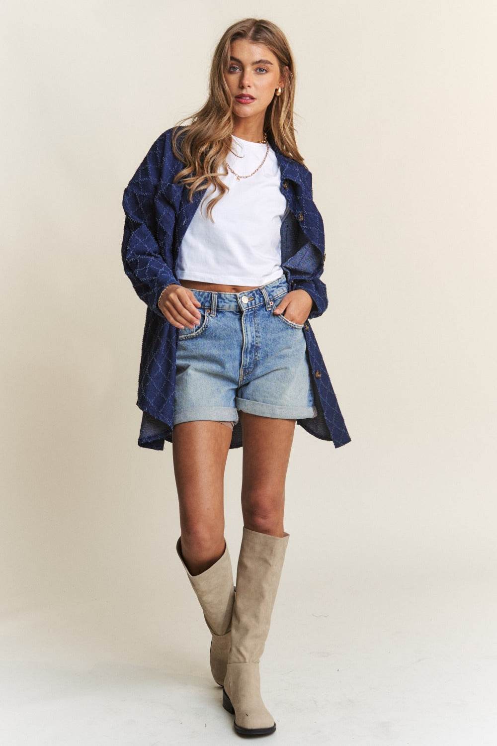 J.NNA Rhombus Stitched Button Up Denim Shacket - Delanoir