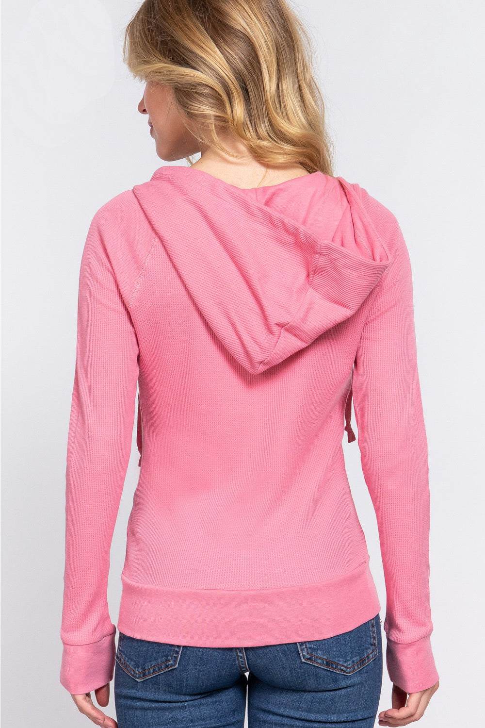 ACTIVE BASIC Waffle Knit Drawstring Zip Up Long Sleeve Hoodie - Delanoir